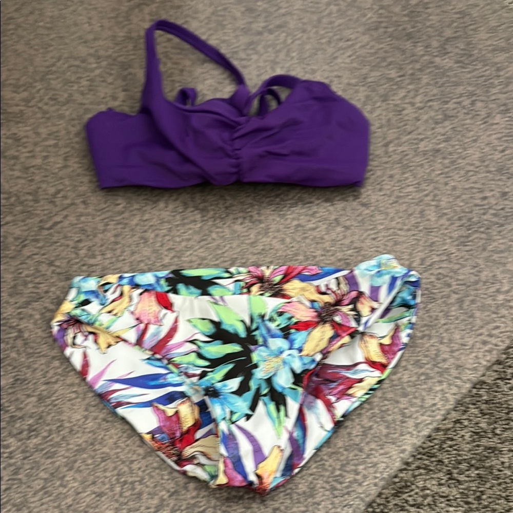 Purple and Blue Bikini Set with Tropical Print
